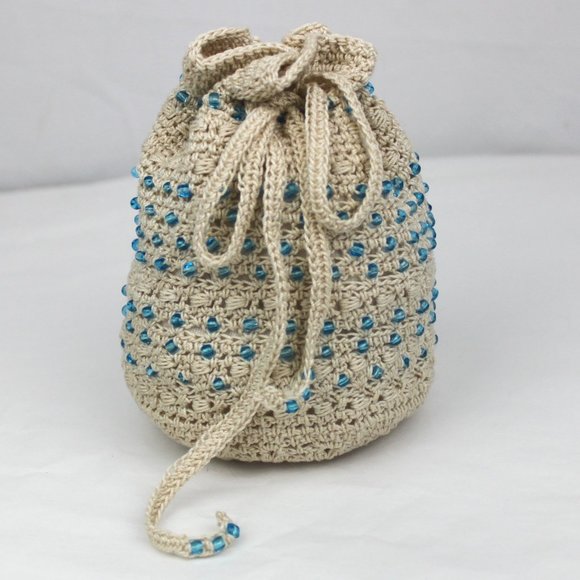 Blue Glass Beaded Cream Crochet Drawstring Pouch - Picture 2 of 9